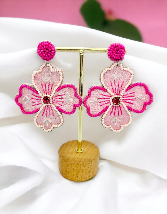 VIVAZS Pink Flower Handmade Danglers Earrings