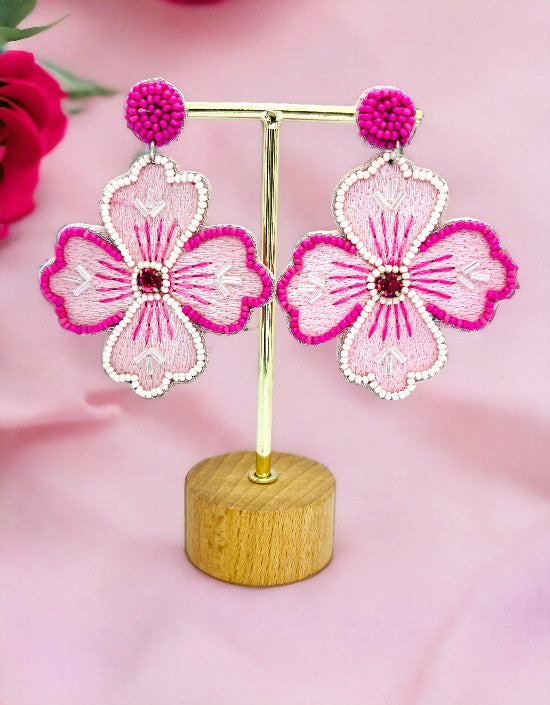 VIVAZS Pink Flower Handmade Danglers Earrings