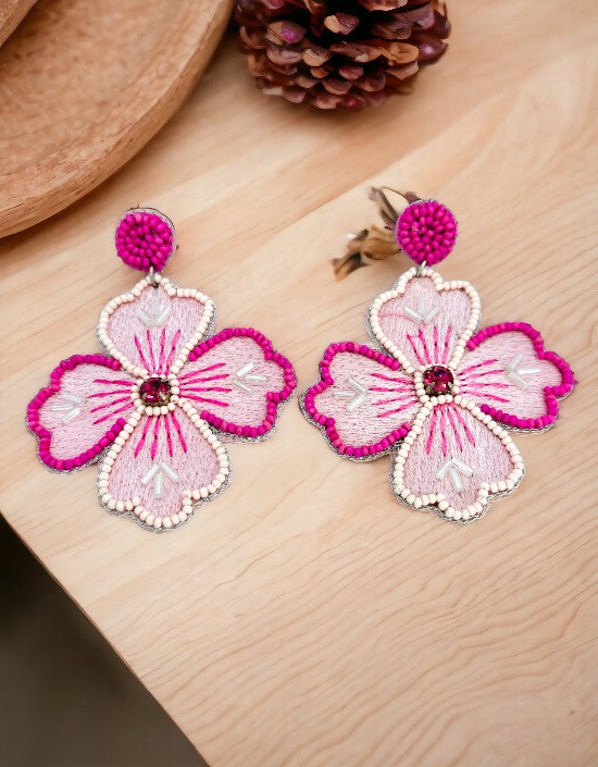 VIVAZS Pink Flower Handmade Danglers Earrings