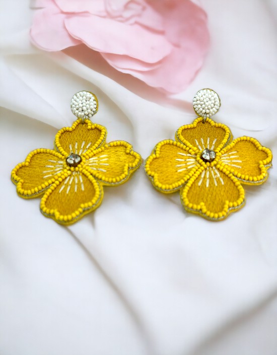 VIVAZS Beaded Floral Earrings - Handmade Stylish Dangler in Yellow for Haldi ceremony