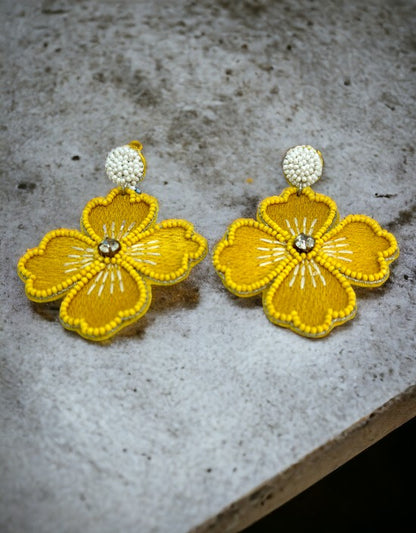 VIVAZS Beaded Floral Earrings - Handmade Stylish Dangler in Yellow for Haldi ceremony