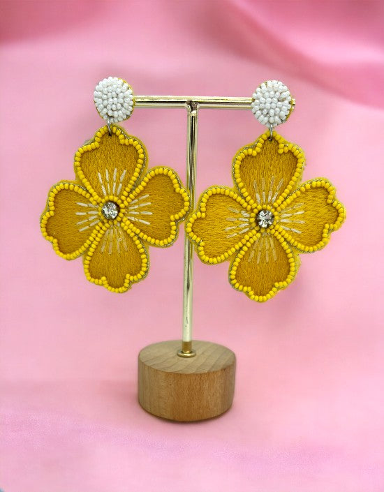 VIVAZS Beaded Floral Earrings - Handmade Stylish Dangler in Yellow for Haldi ceremony