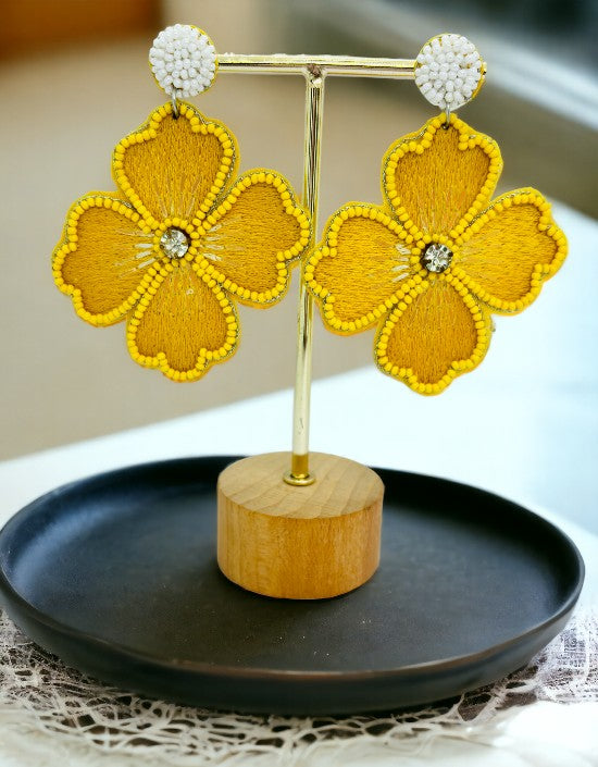 VIVAZS Beaded Floral Earrings - Handmade Stylish Dangler in Yellow for Haldi ceremony