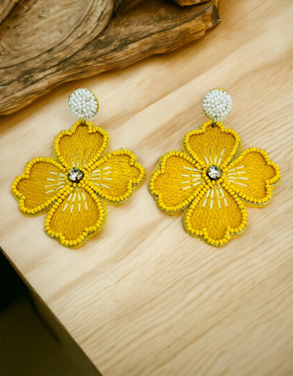 VIVAZS Beaded Floral Earrings - Handmade Stylish Dangler in Yellow for Haldi ceremony