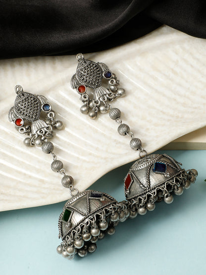 VIVAZS Silver-Plated Stone Studded Dome Shaped Jhumkas (Silver)