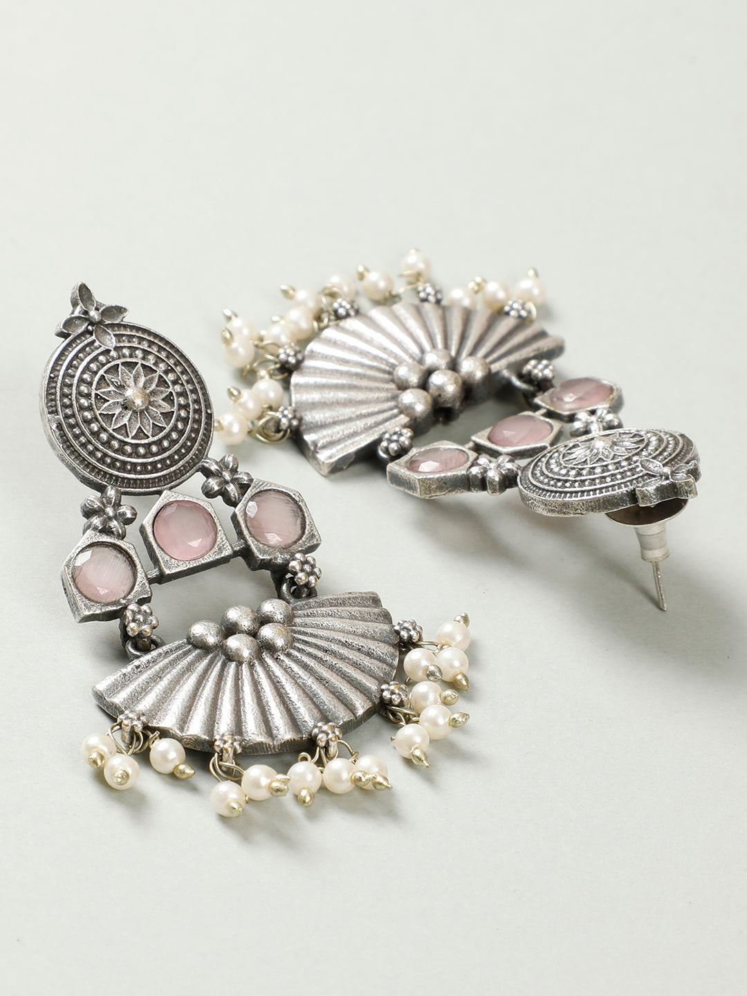 VIVAZS Silver-Plated Stone Studded Oxidised Pink Chandbalis Earrings