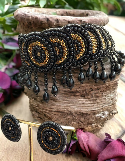 Vivazs Black Golden Haldi Mehndi Choker Jewellery For Women - Choker and Earrings Set For Women