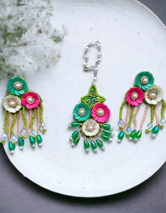 Vivazs Floral Jewelry Set in Hot pink -Green Beads for Women, Perfect for Haldi Ceremony