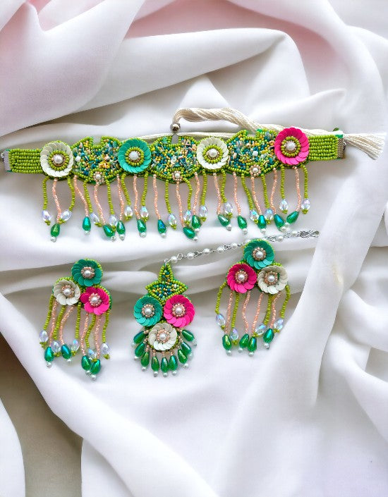 Vivazs Floral Jewelry Set in Hot pink -Green Beads for Women, Perfect for Haldi Ceremony