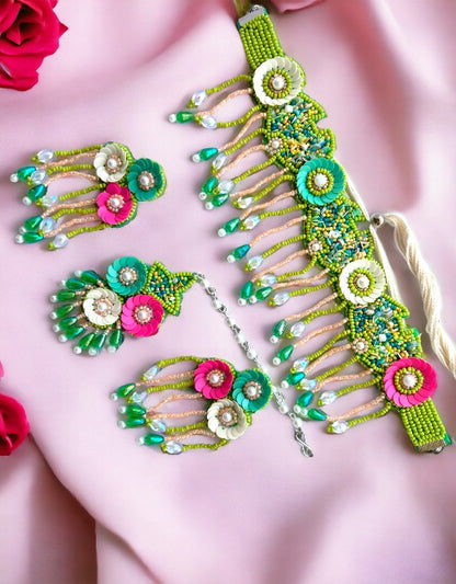 Vivazs Floral Jewelry Set in Hot pink -Green Beads for Women, Perfect for Haldi Ceremony