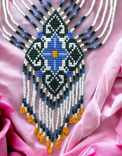 VIVAZS Tribal High Fashion Jewelry Blue and White  Boho Beaded layered Necklace set with earrings