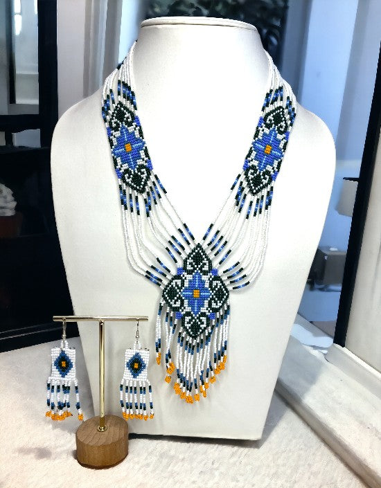 VIVAZS Tribal High Fashion Jewelry Blue and White  Boho Beaded layered Necklace set with earrings