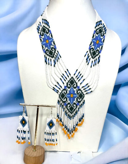 VIVAZS Tribal High Fashion Jewelry Blue and White  Boho Beaded layered Necklace set with earrings