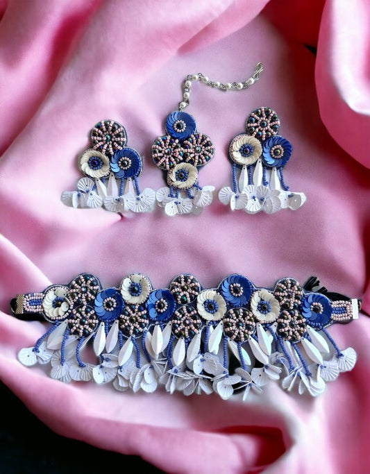 Vivazs Floral Jewelry Set with earrings and Maang Tika in White, light blue and Purple Beads, Perfect for Haldi Mehndi Ceremony