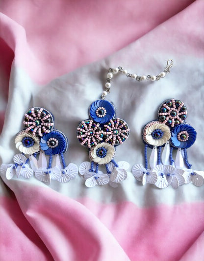 Vivazs Floral Jewelry Set with earrings and Maang Tika in White, light blue and Purple Beads, Perfect for Haldi Mehndi Ceremony