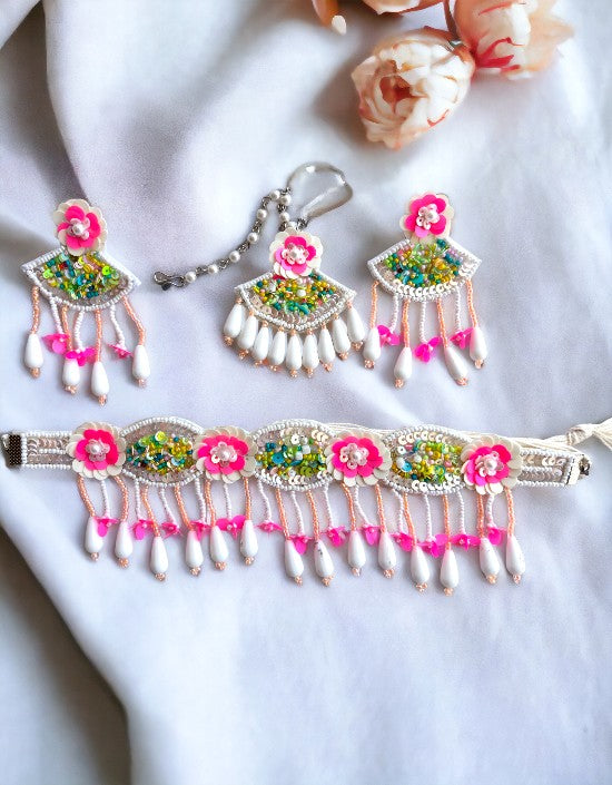 Vivazs Hot Pink Blossom Handmade Jewelry Set with Earrings and Maang Tika - Haldi Mehndi Jewellery