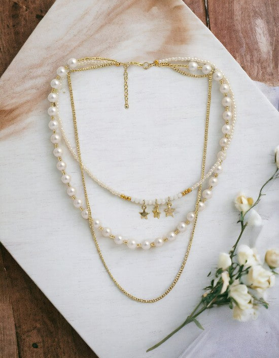 VIVAZS Layered White Pearl Seed Bead Choker Necklace