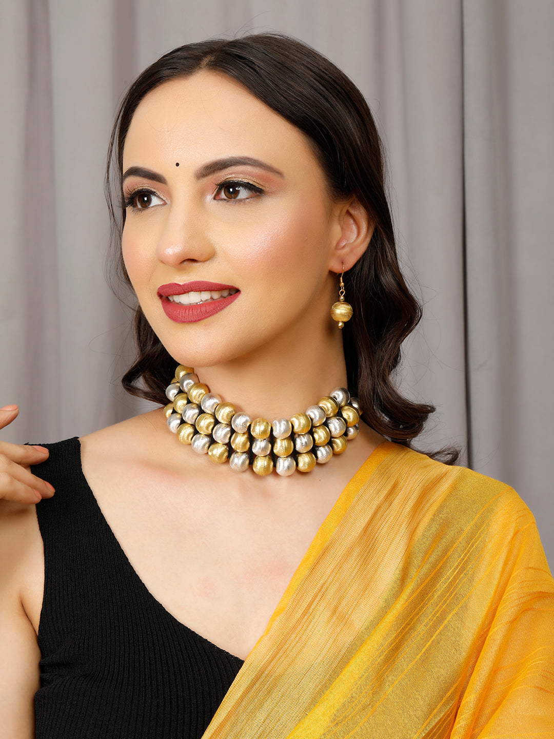 VIVAZS Golden  and Silver balls Choker and Earrings set