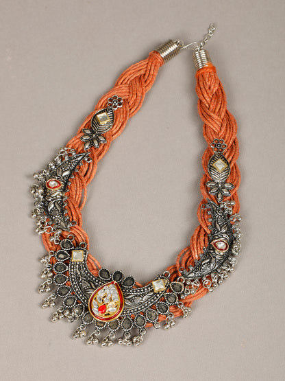 VIVAZS Brass And Jute Oxidised Silver Kundan Studded Devine Motif Crochet Necklace