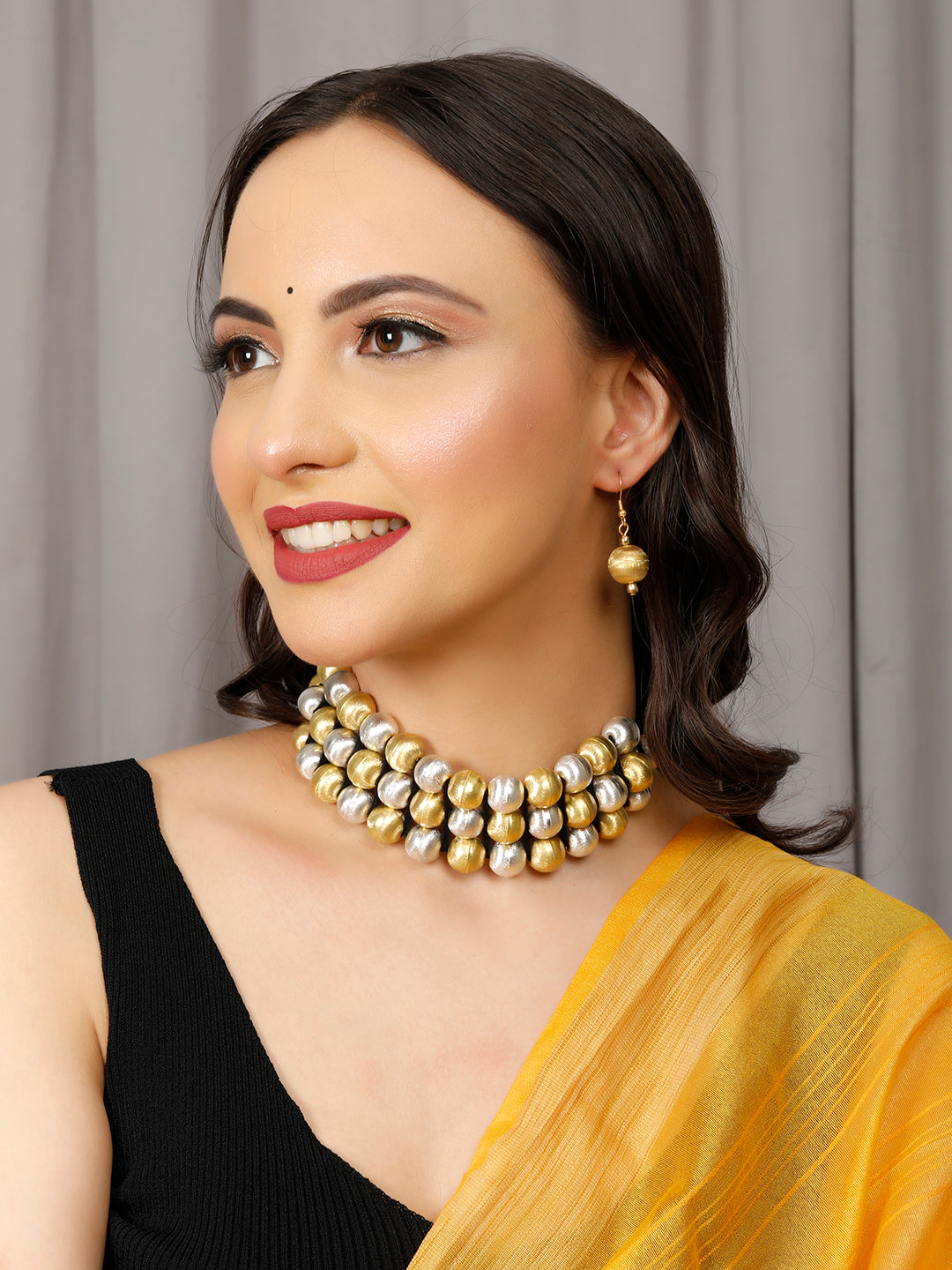 VIVAZS Golden  and Silver balls Choker and Earrings set