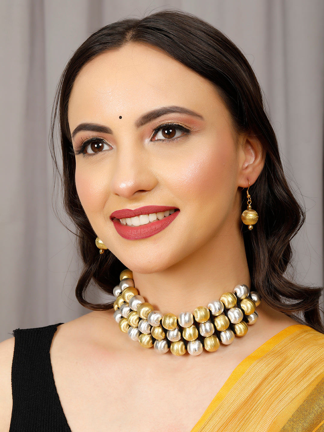 VIVAZS Golden  and Silver balls Choker and Earrings set