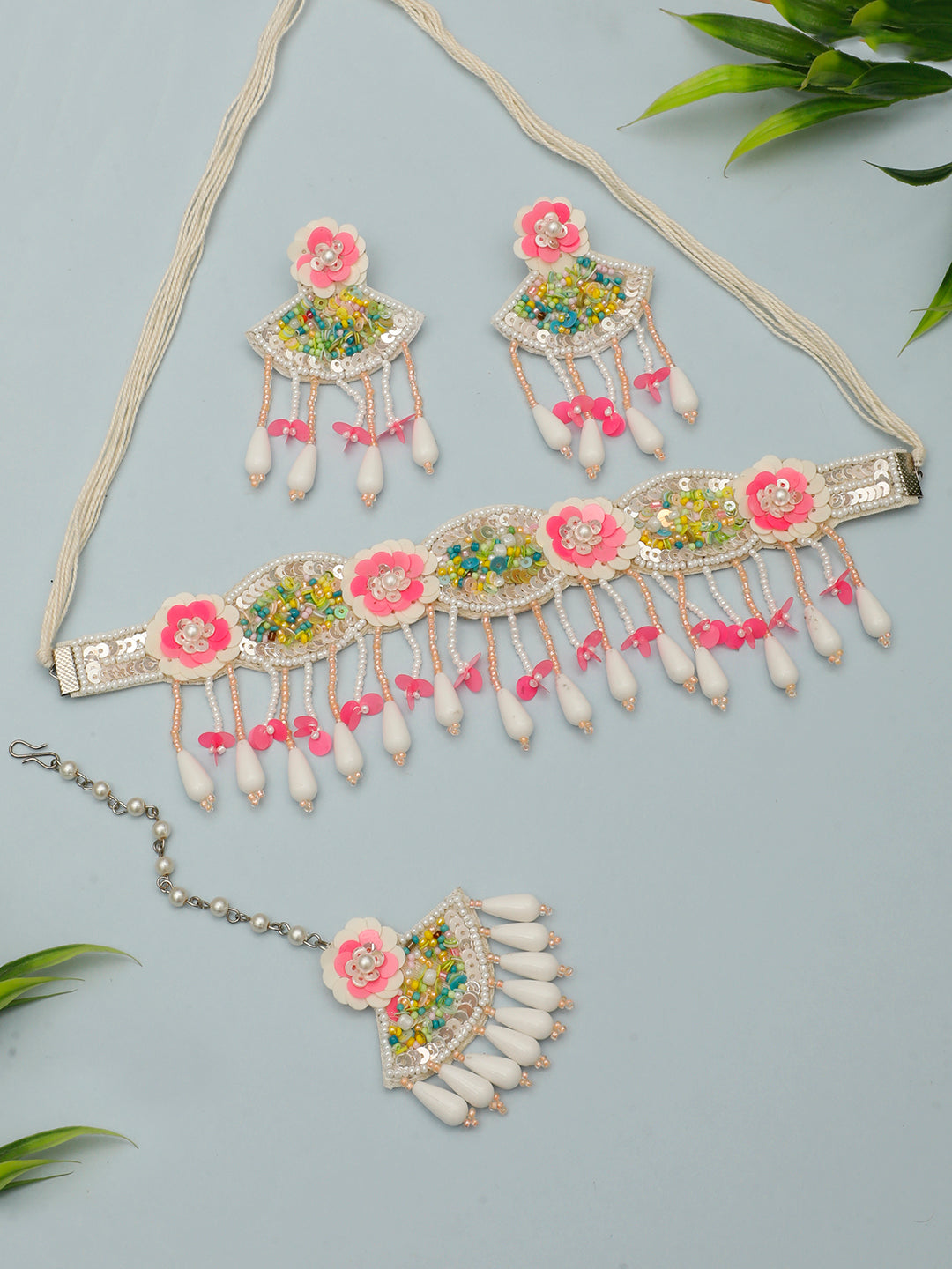 Vivazs Hot Pink Blossom Handmade Jewelry Set with Earrings and Maang Tika - Haldi Mehndi Jewellery