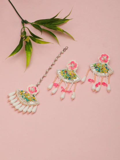 Vivazs Hot Pink Blossom Handmade Jewelry Set with Earrings and Maang Tika - Haldi Mehndi Jewellery