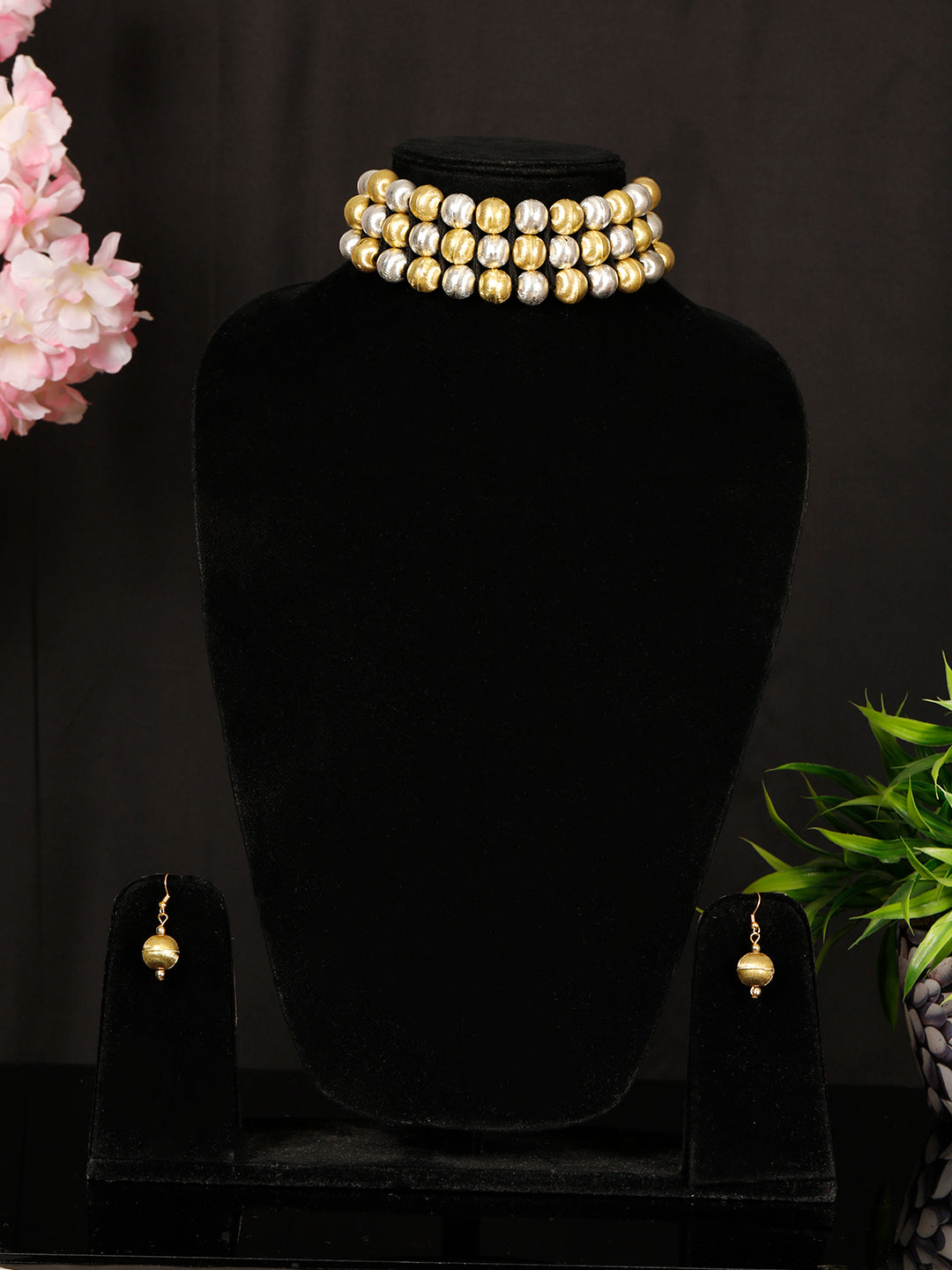 VIVAZS Golden  and Silver balls Choker and Earrings set