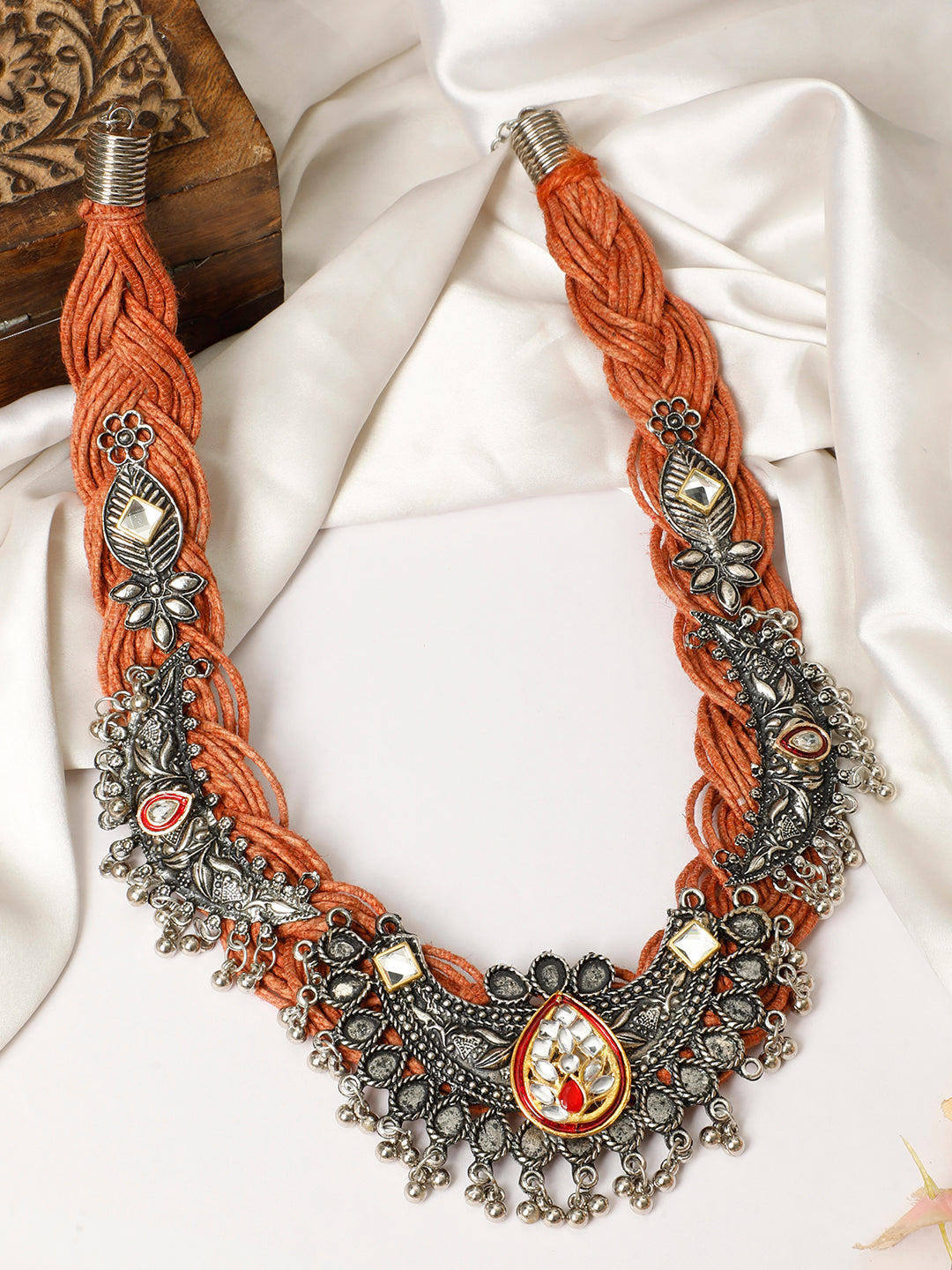 VIVAZS Brass And Jute Oxidised Silver Kundan Studded Devine Motif Crochet Necklace