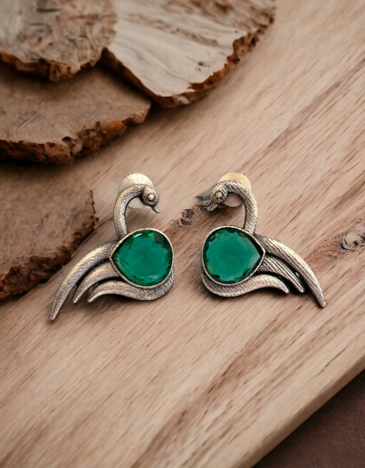 VIVAZS Bird Silver Oxidised earrings (Green)