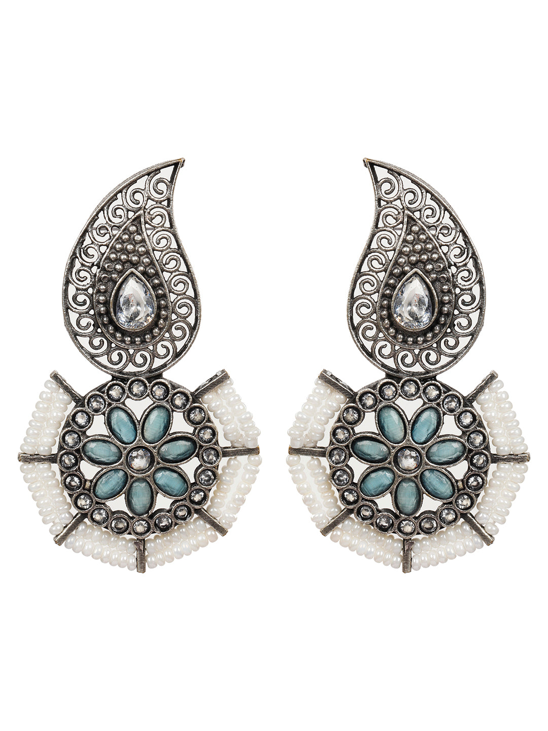 VIVAZS Traditional Stone Studded Silver-Plated Drop Earrings