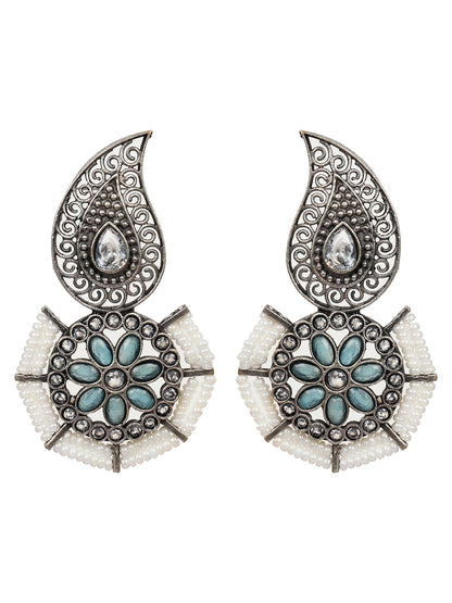 VIVAZS Traditional Stone Studded Silver-Plated Drop Earrings