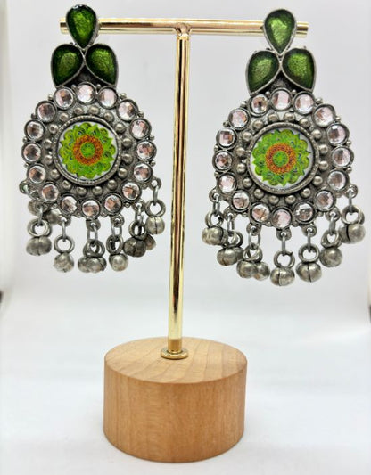 VIVAZS Silver Oxidised Earrings - Green