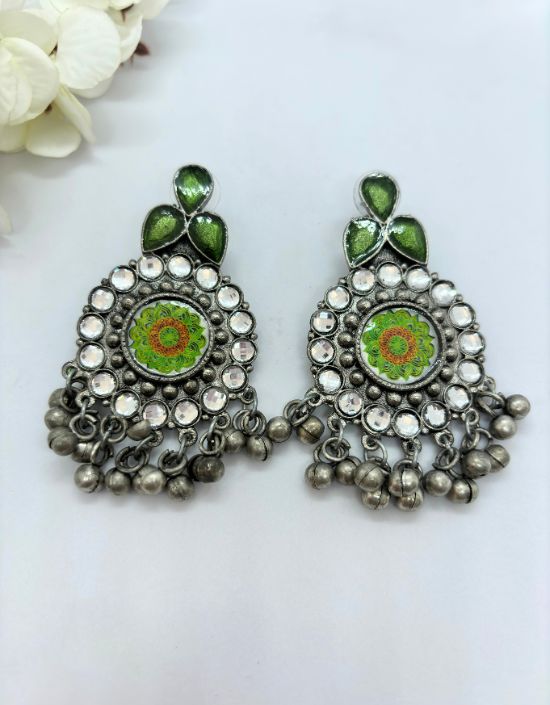 VIVAZS Silver Oxidised Earrings - Green