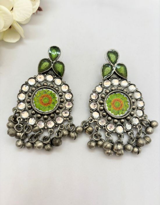 VIVAZS Silver Oxidised Earrings - Green