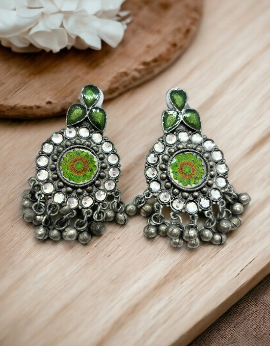 VIVAZS Silver Oxidised Earrings - Green