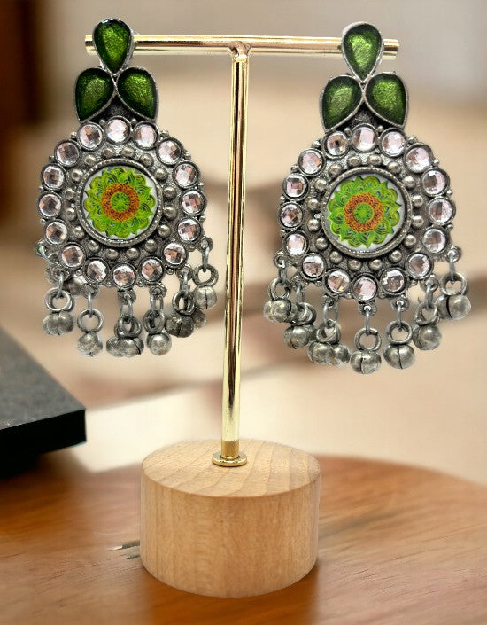 VIVAZS Silver Oxidised Earrings - Green