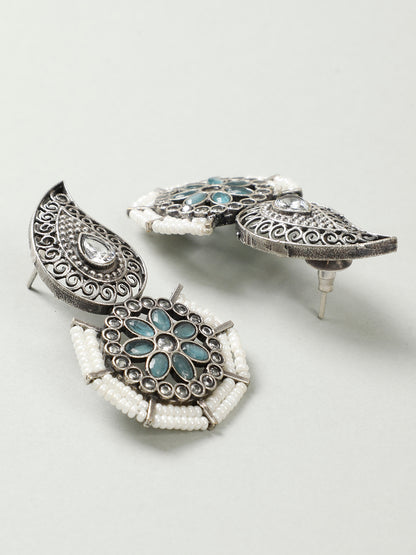 VIVAZS Traditional Stone Studded Silver-Plated Drop Earrings