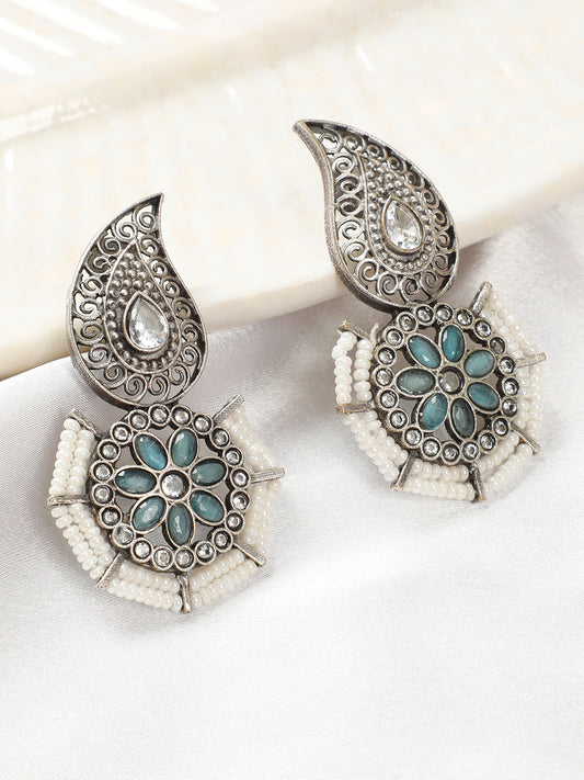 VIVAZS Traditional Stone Studded Silver-Plated Drop Earrings