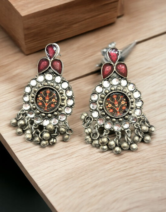 VIVAZS Silver Oxidised Earrings- Maroon