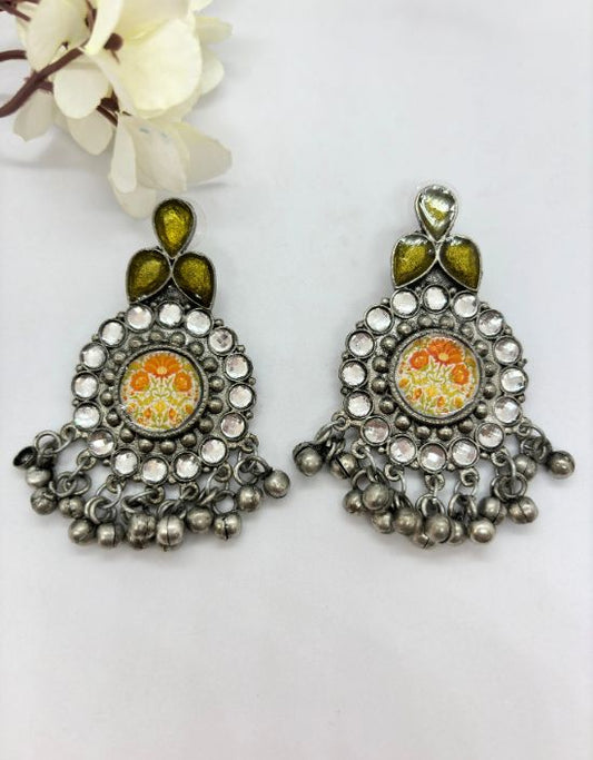 VIVAZS Silver Oxidised Earrings - Orange/ Yellow