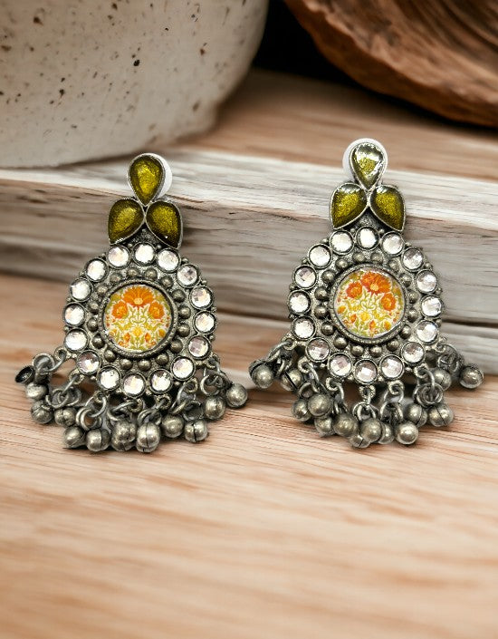 VIVAZS Silver Oxidised Earrings - Orange/ Yellow