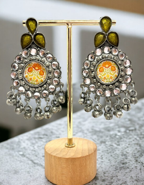 VIVAZS Silver Oxidised Earrings - Orange/ Yellow