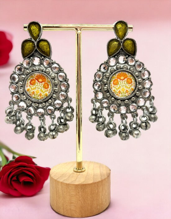 VIVAZS Silver Oxidised Earrings - Orange/ Yellow