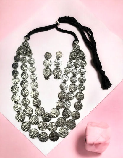 VIVAZS Vintage Layered Oxidized Silver color Plated Fashion Necklace Earring Jewelry Set