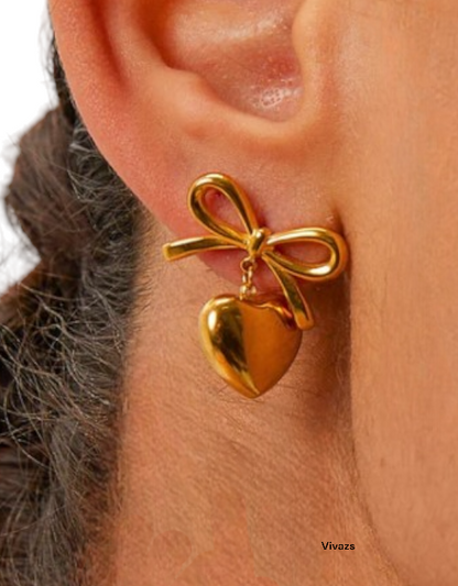 VIVAZS 18K PVD Gold Plated Bow Heart Earrings