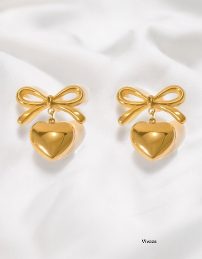 VIVAZS 18K PVD Gold Plated Bow Heart Earrings