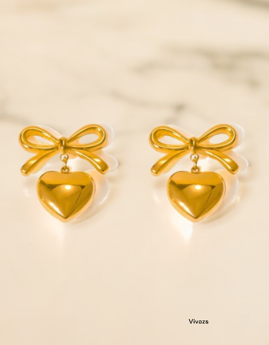 VIVAZS 18K PVD Gold Plated Bow Heart Earrings