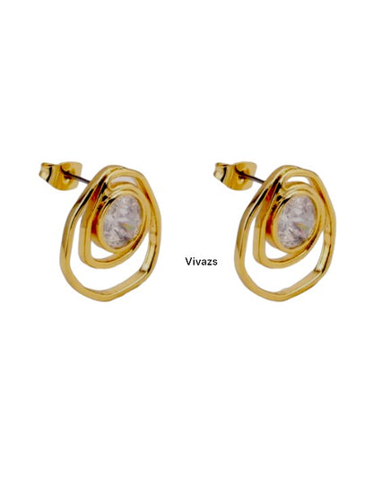 VIVAZS 18K PVD Gold Plated Chunky Stud Irregular Spiral Zircon Earrings