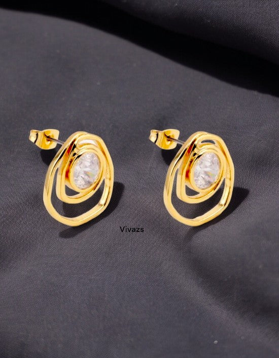 VIVAZS 18K PVD Gold Plated Chunky Stud Irregular Spiral Zircon Earrings